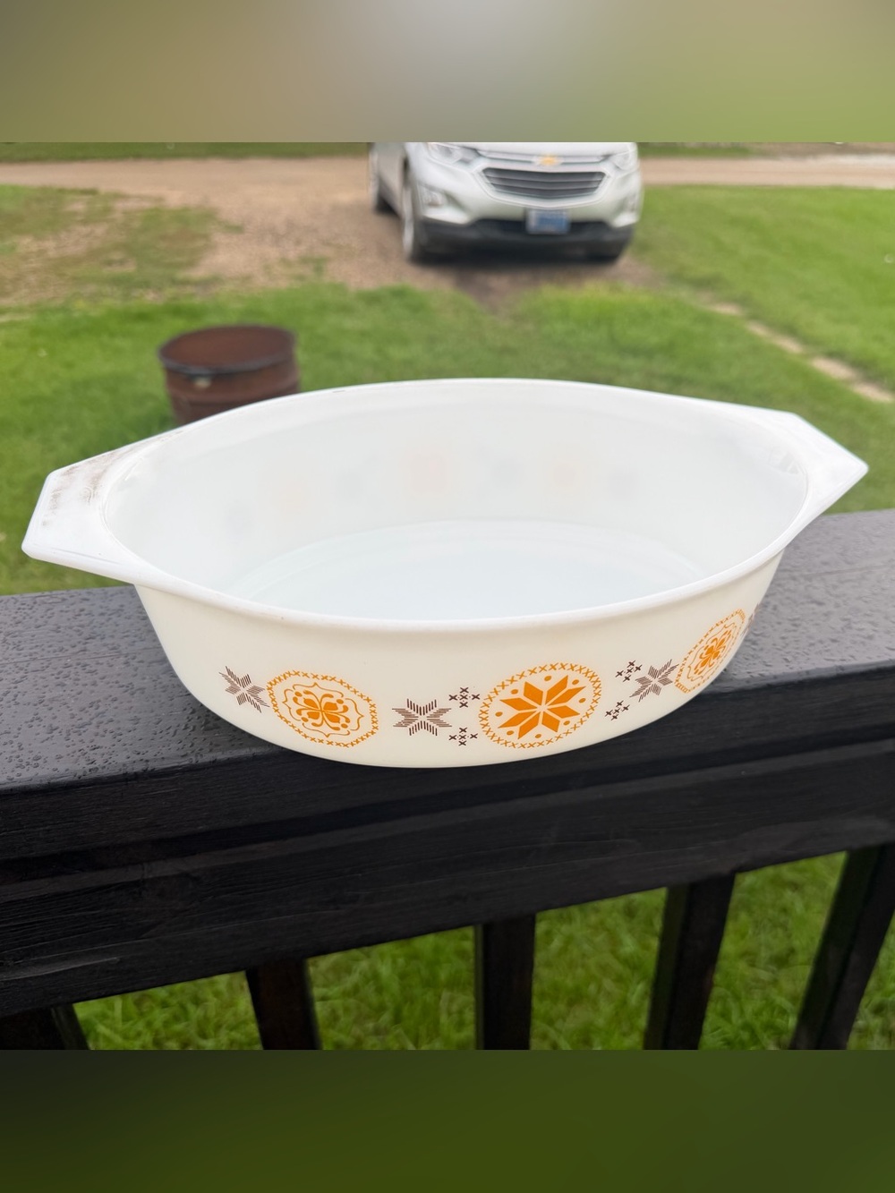 Pyrex Town and Country Casserole Dish with Orange Geometric Pattern